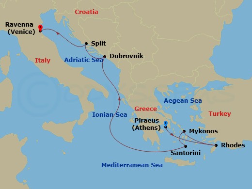 RCL Explorer of the Seas - 7 Night - Greece & Croatia Cruise - RCL Explorer of the Seas - Starting in Athens (Piraeus), Greece, Rhodes, Greece, Mykonos, Greece, Santorini, Greece, Dubro.. itinerary map