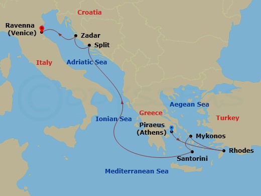RCL Explorer of the Seas - 7 Night - Greece & Croatia Cruise - RCL Explorer of the Seas - Starting in Athens (Piraeus), Greece, Rhodes, Greece, Mykonos, Greece, Santorini, Greece, Split.. itinerary map