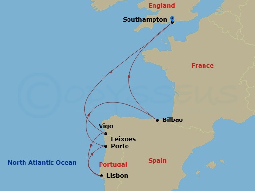 RCL Mariner of the Seas - 8 Night - Spain & Portugal Cruise - RCL Mariner of the Seas - Starting in Southampton, England, Vigo, Spain, Lisbon, Portugal, Porto (Leixoes), Portugal, Bilb.. itinerary map