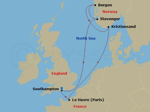 RCL Mariner of the Seas - 7 Night - Norwegian Fjords Cruise - RCL Mariner of the Seas - Starting in Southampton, England, Stavanger, Norway, Bergen, Norway, Kristiansand, Norway, Paris.. itinerary map
