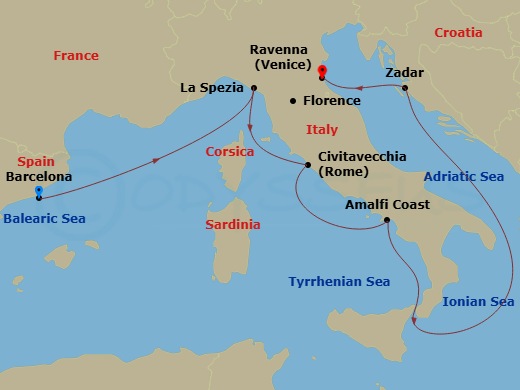 RCL Brilliance of the Seas - 7 Night - Italy & Croatia Cruise - RCL Brilliance of the Seas - Starting in Barcelona, Spain, Florence / Pisa (La Spezia), Italy, Rome (Civitavecchia), Italy,.. itinerary map