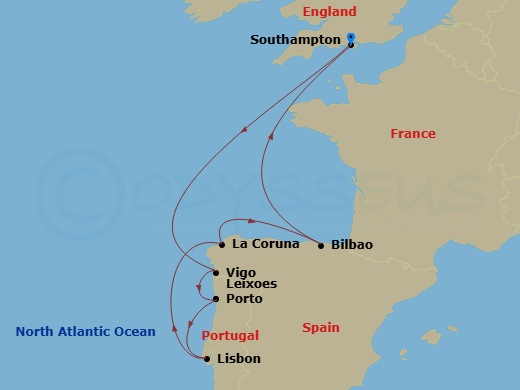 RCL Mariner of the Seas - 9 Night - Spanish Flair Cruise - RCL Mariner of the Seas - Starting in Southampton, England, Vigo, Spain, Porto (Leixoes), Portugal, Lisbon, Portugal, La Coru.. itinerary map