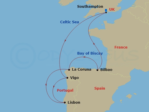 RCL Mariner of the Seas - 8 Night - Spain & Portugal Cruise - RCL Mariner of the Seas - Starting in Southampton, England, Vigo, Spain, Lisbon, Portugal, La Coruna, Spain, Bilbao, South.. itinerary map