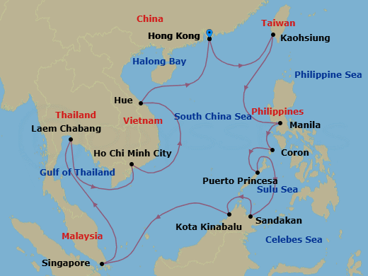 28 Night - Asia and Asia Pacific Roundtrip from Hong Kong - Silver Muse - Starting in Hong Kong, Kaohsiung, Manila, Coron, Puerto Princesa, Sandakan, Kota Kinabalu, Singapore, Bangkok, Ho Chi Minh City, Chan May, Ha Long Bay, Hong Kong itinerary map