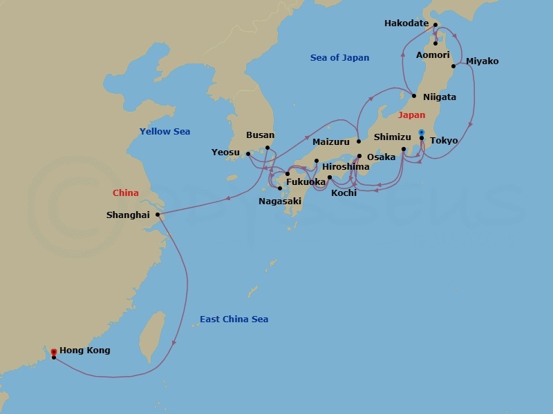 28 Night - Japan & South Korea Discovery - Noordam - Starting in Tokyo, Japan, Shimizu, Japan, Osaka, Japan, Kochi, Japan, Scenic Cruising Kanmon Straits, Fukuoka (Hakata), Japan, Yeosu, South Korea, Maizuru, Japan, Niigata, Japan, Hakodate, Japan, Aomori, Japan, Miyako, Japan, Tokyo, Japan, Shimizu, Japan, Osaka, Japan, Kochi, Japan, Hiroshima, Japan, Scenic Cruising Kanmon Straits, Fukuoka (Hakata), Japan, Nagasaki, Japan, Busan (Pusan), South Korea, Shanghai, China, Hong Kong, China itinerary map