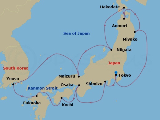 14 Night - Circle Japan - Noordam - Starting in Tokyo, Japan, Shimizu, Japan, Osaka, Japan, Kochi, Japan, Scenic Cruising Kanmon Straits, Fukuoka (Hakata), Japan, Yeosu, South Korea, Maizuru, Japan, Niigata, Japan, Hakodate, Japan, Aomori, Japan, Miyako, Japan, Tokyo, Japan itinerary map