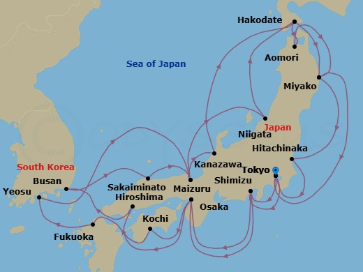 28 Night - Circle Japan - Noordam - Starting in Tokyo, Japan, Shimizu, Japan, Osaka, Japan, Hiroshima, Japan, Scenic Cruising Kanmon Straits, Busan (Pusan), South Korea, Sakaiminato, Japan, Scenic cruising Maizuru Bay, Maizuru, Japan, Kanazawa, Japan, Hakodate, Japan, Miyako, Japan, Hitachinaka, Japan, Tokyo, Japan, Shimizu, Japan, Osaka, Japan, Kochi, Japan, Scenic Cruising Kanmon Straits, Fukuoka (Hakata), Japan, Yeosu, South Korea, Maizuru, Japan, Niigata, Japan, Hakodate, Japan, Aomori, Japan, Miyako, Japan, Tokyo, Japan itinerary map