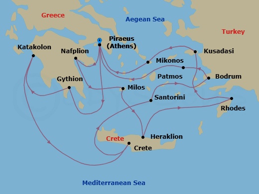 14 Night - Southern Europe Roundtrip from Athens - Silver Nova - Starting in Athens, Gythion, Katakolon, Souda Bay, Santorini, Bodrum, Patmos, Athens, Nafplion, Milos, Heraklion, Rhodes, Kusadasi, Mykonos, Athens itinerary map