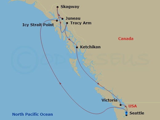 Carnival Spirit - 9 Night - Journeys-Inside Passage & Glacier - Carnival Spirit - Starting in Seattle, Wa, Icy Strait Point, Ak, Juneau, Ak, Skagway, Ak, Cruise Tracy Arm Fjord.. itinerary map
