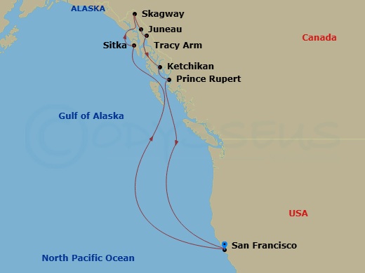 Carnival Luminosa - 11 Night - Alaska Inside Passage & Glacier - Carnival Luminosa - Starting in San Francisco, Ca, Sitka, Ak, Skagway, Ak, Juneau, Ak, Cruise Tracy Arm Fjord, Ke.. itinerary map