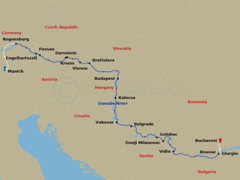 15 Night - Discover the Treasures of the Danube - Emerald Star - Starting in Regensburg, Passau, Melk / Durnstein, Vienna, Bratislava, Budapest, Kalocsa, Vukovar, Belgrade, Golubac / Donji Milanovac, Vidin, Rousse, Giurgiu / Bucharest, Bucharest itinerary map