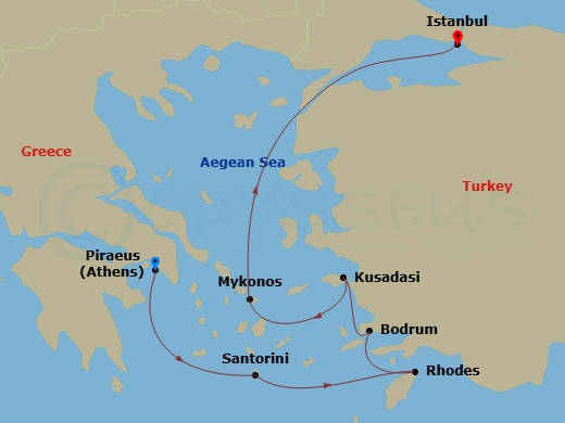 RCL Rhapsody of the Seas - 7 Night - Greek Isles & Turkey Cruise - RCL Rhapsody of the Seas - Starting in Athens (Piraeus), Greece, Santorini, Greece, Rhodes, Greece, Bodrum, Turkey, Ep.. itinerary map