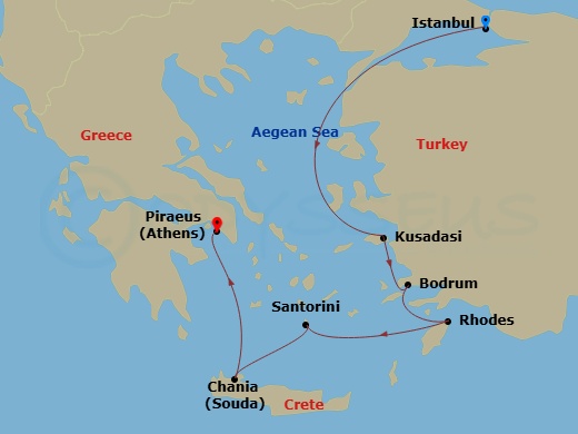 RCL Rhapsody of the Seas - 7 Night - Greek Isles & Turkey Cruise - RCL Rhapsody of the Seas - Starting in Istanbul, Turkey, Ephesus (Kusadasi), Turkey, Bodrum, Turkey, Rhodes, Greece, S.. itinerary map