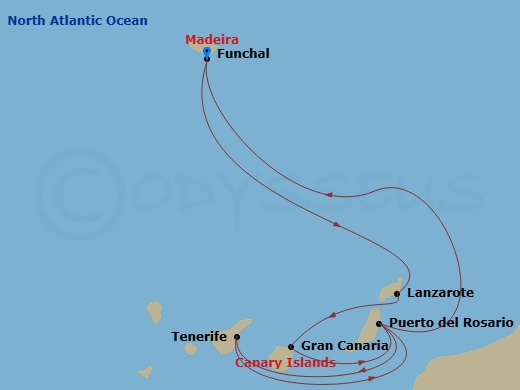 MSC Fantasia - 7 Night - Canary Islands and Madeira - MSC Fantasia - Starting in Funchal (Madeira Islands), Portugal, Arrecife De Lanzarote (Canary Islands), Spain, Las Palm.. itinerary map