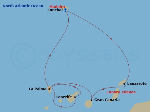 MSC Fantasia - 7 Night - Canary Islands and Madeira - MSC Fantasia - Starting in Funchal (Madeira Islands), Portugal, Arrecife De Lanzarote (Canary Islands), Spain, Las Palm.. itinerary map