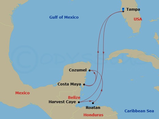 NCL Norwegian Dawn - 7 Night - Western Caribbean - Tampa - NCL Norwegian Dawn - Starting in Tampa, Fl, Harvest Caye, Belize, Roatan Bay Islands, Honduras, Cozumel, Mexico, Costa M.. itinerary map