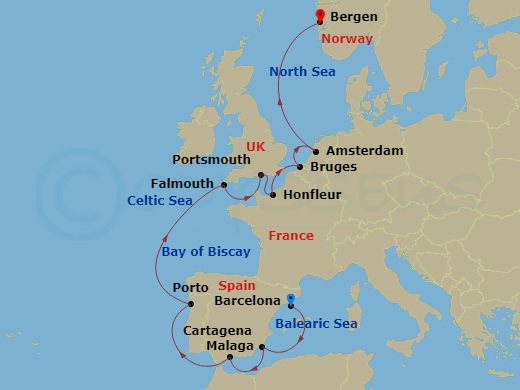 Viking Saturn - 14 Night - Trade Routes of the Middle Ages - Viking Saturn - Starting in Barcelona, Murcia (Cartagena ES, Spain), Granada (Malaga), Sail the Atlantic Ocean, P.. itinerary map