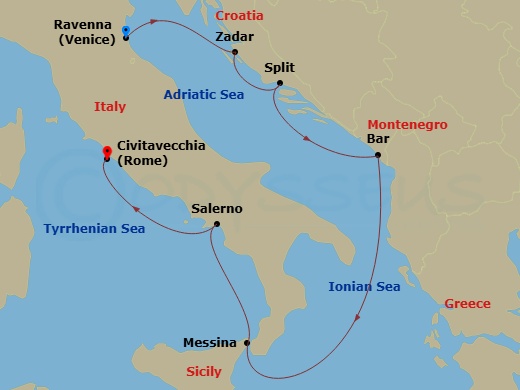 RCL Explorer of the Seas - 7 Night - Italy & Croatia Cruise - RCL Explorer of the Seas - Starting in Ravenna, Italy, Zadar, Croatia, Split, Croatia, Montenegro, Sicily (Messina), Italy,.. itinerary map