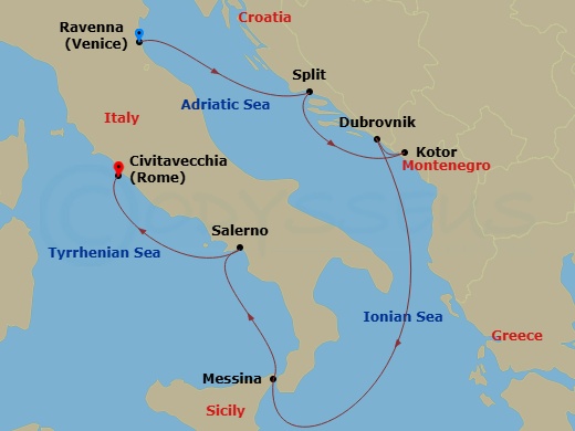 RCL Explorer of the Seas - 7 Night - Italy & Croatia Cruise - RCL Explorer of the Seas - Starting in Ravenna, Italy, Split, Croatia, Kotor, Montenegro, Dubrovnik, Croatia, Sicily (Messi.. itinerary map