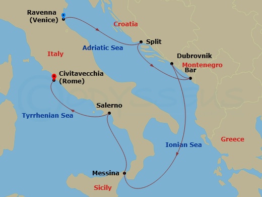 RCL Explorer of the Seas - 7 Night - Italy & Croatia Cruise - RCL Explorer of the Seas - Starting in Ravenna, Italy, Split, Croatia, Montenegro, Dubrovnik, Croatia, Sicily (Messina), It.. itinerary map