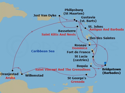 18 Night - Caribbean Roundtrip from Bridgetown - Silver Spirit - Starting in Bridgetown, Bequia, St Georges, Willemstad AN, Oranjestad, Gustavia, St Johns AG, Fort-de-France, Castries, Bridgetown, Castries, Les Saintes, Philipsburg, Jost Van Dyke, St Kitts, Roseau, Bridgetown itinerary map