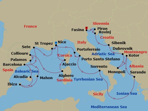 24 Night - Cruise from Nice to Fusina - Silver Shadow - Starting in Nice, Ajaccio, Alghero, Collioure, Palamos, Porto Mahon, Ibiza, Alcudia, Barcelona, Sete, Saint Tropez, Nice, Portoferraio, Porto Santo Stefano, Sorrento, Sarande, Kotor, Monopoli, Dubrovnik, Croatia, Sibenik, Rovinj, Piran, Fusina itinerary map