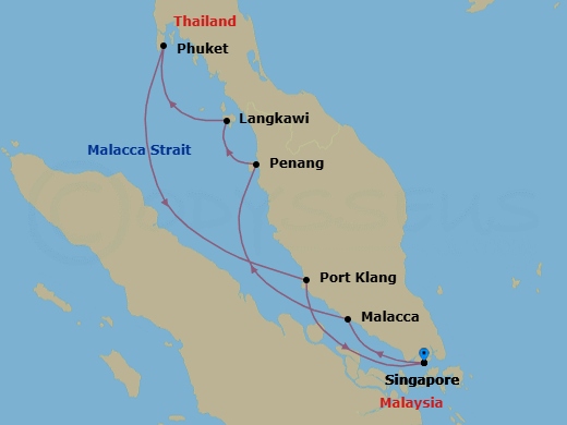 10 Night - Singapore to Singapore - Silver Muse - Starting in Singapore, Malacca, Penang, George Town, Langkawi, Phuket, Port Klang (Kuala Lumpur), Singapore itinerary map