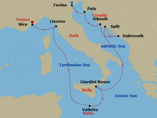 10 Night - Fusina to Nice - Silver Shadow - Starting in Fusina (Venice), Pula, Sibenik, Dubrovnik, Croatia, Split, Giardini Naxos (Sicily), Valletta, Livorno (Tuscany), Nice itinerary map