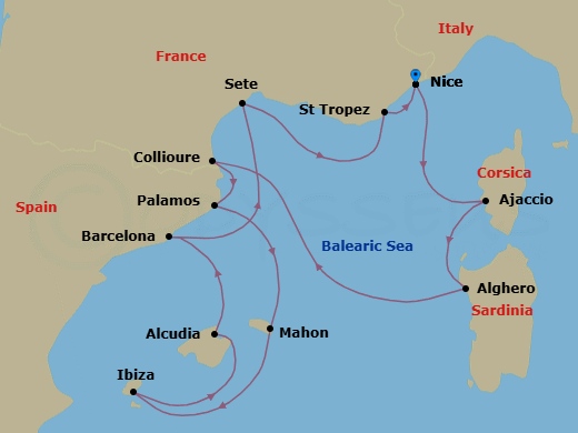12 Night - Nice to Nice - Silver Shadow - Starting in Nice, Ajaccio (Corsica), Alghero, Sardinia, Collioure, Palamos, Porto Mahon, Ibiza, Alcudia, Mallorca, Barcelona, Sete, Saint Tropez, Nice itinerary map