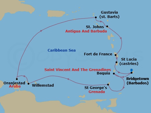 11 Night - Bridgetown to Bridgetown - Silver Spirit - Starting in Bridgetown, Bequia, St Georges, Willemstad AN, Curacao, Oranjestad, Aruba, Gustavia, St Barthelemy, St Johns, Fort-de-France, Castries, St Lucia, Bridgetown itinerary map