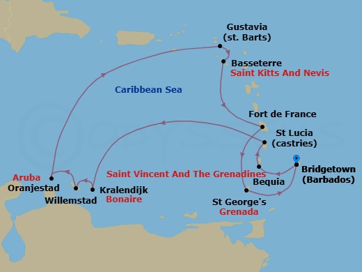 12 Night - Bridgetown to Bridgetown - Silver Spirit - Starting in Bridgetown, Bequia, Castries, St Lucia, Kralendijk, Bonaire, Willemstad AN, Curacao, Oranjestad, Aruba, Gustavia, St Barthelemy, St Kitts (Basseterre), Fort-de-France, St Georges, Bridgetown itinerary map