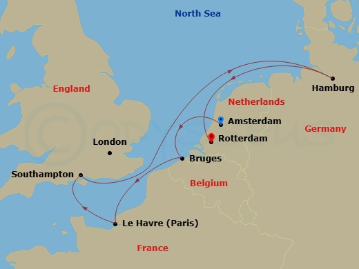 MSC Preziosa - 8 Night - Ams - MSC Preziosa - Starting in Amsterdam, Netherlands, Zeebrugge (Bruges), Belgium, Le Havre (Paris), France, Southampton (London), United Kingdom.. itinerary map