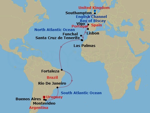 22 Night - South American Passage - Majestic Princess - Starting in Southampton (for London), England, Vigo, Spain (for Santiago de Compostela), Lisbon, Portugal, Madeira (Funchal), Portugal, Gran Canaria (Las Palmas), Canary Islands, Santa Cruz de Tenerife, Fortaleza, Brazil, Rio De Janeiro, Brazil, Montevideo, Uruguay, Buenos Aires, Argentina itinerary map
