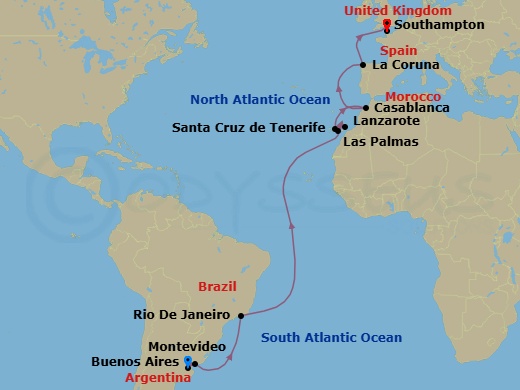 22 Night - South American Passage - Majestic Princess - Starting in Buenos Aires, Argentina, Montevideo, Uruguay, Rio De Janeiro, Brazil, Gran Canaria (Las Palmas), Canary Islands, Lanzarote (Arrecife), Canary Islands, Santa Cruz de Tenerife, Casablanca, Morocco (for Marrakesh), La Coruna, Spain (for Santiago de Compostela), Southampton (for London), England itinerary map