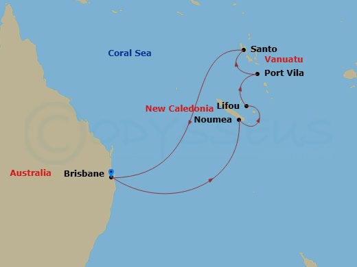 Carnival Encounter - 9 Night - Vanuatu & New Caledonia - Carnival Encounter - Starting in Brisbane, Australia, Noumea, New Caledonia, Lifou, New Caledonia, Vila, Vanuatu, Santo, V.. itinerary map