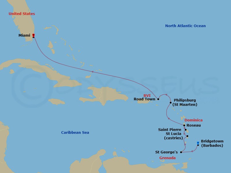 9 Night - Southern Caribbean Cruise : Grenada, Saint Lucia & Martinique - Azamara Quest - Starting in Bridgetown, Saint Georges, Grenada, Castries, Saint-Pierre, Roseau, Philipsburg, Road Town, Tortola, Miami, Florida itinerary map
