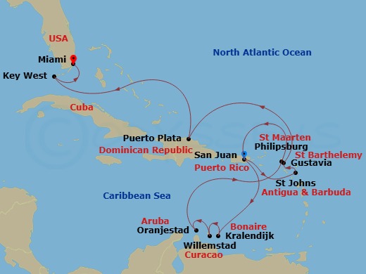 EXPLORA II - 14 Night - An Extended Journey of Tropical Radiance and Sun-Kissed Splendour - EXPLORA II - Starting in San Juan, Kralendijk, Willemstad AN, Oranjestad, St Ma.. itinerary map