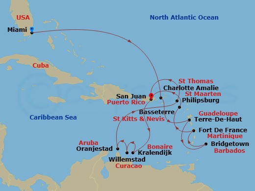 EXPLORA II - 15 Night - An Extended Journey to Abc Island Heritage and Flavour - EXPLORA II - Starting in Miami, Charlotte Amalie (Saint Thomas), Terre-De-Haut, Bridgetown.. itinerary map