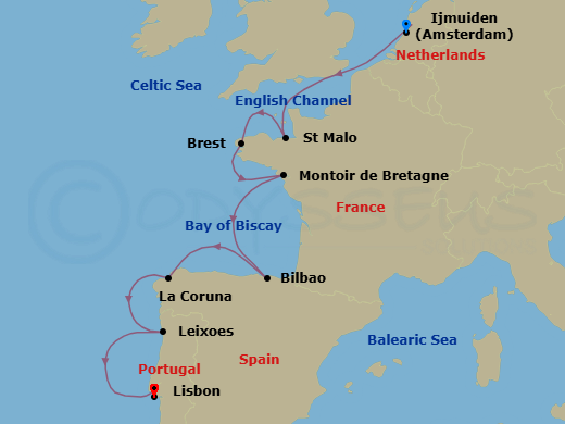 11 Night - Baltic & Northern Europe - Crystal Serenity - Starting in Ijmuiden (Amsterdam), Saint Malo (Brittany), Brest, Montoir de Bretagne, Bilbao, A Coruna, Oporto (Leixoes), Lisbon itinerary map