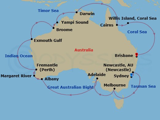 26 Night - Round Australia - Crown Princess - Starting in Sydney AU, Newcastle AU, Melbourne, Australia, Adelaide, Australia, Albany AU, Margaret River (Busselton), Australia, Perth (Fremantle), Australia, Exmouth, Australia, Broome, Australia, Yampi Sound (Scenic Cruising), Kimberley Coast (Scenic Cruising), Australia, Darwin, Australia, Cairns, Australia, Willis Island, Australia, Brisbane, Australia itinerary map