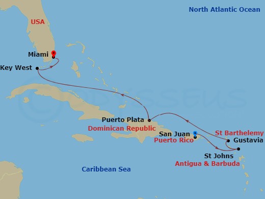EXPLORA II - 7 Night - A Journey from San Juan to Miami - EXPLORA II - Starting in San Juan, St Johns AG, Antigua, Gustavia, Puerto Plata, Dominican Republic, Key West, Mi.. itinerary map