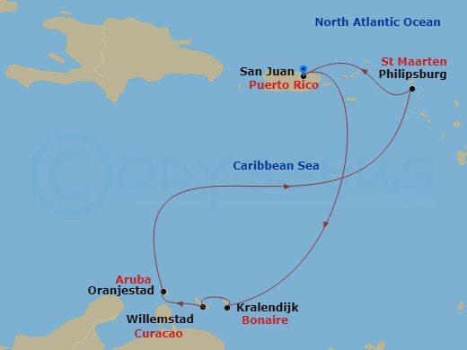 EXPLORA II - 7 Night - A Journey from San Juan to San Juan - EXPLORA II - Starting in San Juan, Kralendijk, Willemstad AN, Oranjestad, St Maarten / Philipsburg, San Juan itinerary map