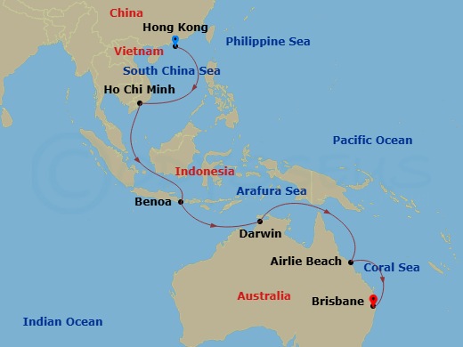 Carnival Luminosa - 16 Night - Journeys - Southeast Asia - Carnival Luminosa - Starting in Hong Kong, Phu My (Ho Chi Minh), Vietnam, Crossing the Equator, Benoa (Denpasar), Bali,.. itinerary map