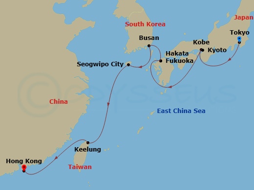 Carnival Luminosa - 10 Night - Journeys - Asia - Carnival Luminosa - Starting in Tokyo, Japan, Kobe (Kyoto), Japan, Fukuoka (Hakata), Japan, Busan, South Korea, Seogwipo (Jeju),.. itinerary map