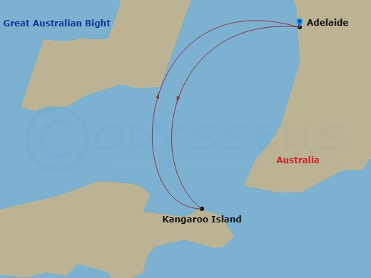 Carnival Adventure - 4 Night - Kangaroo Island - Carnival Adventure - Starting in Adelaide, Australia, Kangaroo Island, Australia, Adelaide, Australia itinerary map