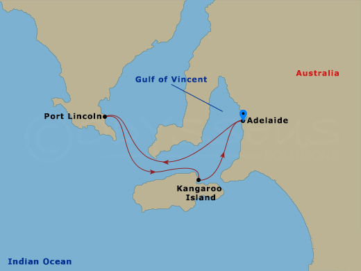 Carnival Adventure - 5 Night - South Australia - Carnival Adventure - Starting in Adelaide, Australia, Port Lincoln, Australia, Kangaroo Island, Australia, Adelaide, Australia itinerary map