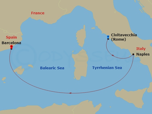 MSC Fantasia - 3 Night - Mediterranean - MSC Fantasia - Starting in Civitavecchia (Rome), Italy, Naples (Pompeii), Italy, Barcelona, Spain itinerary map