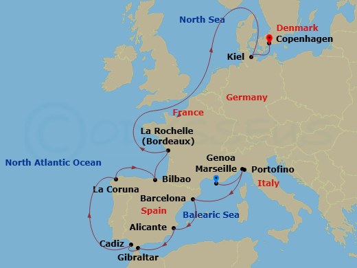 14 Night - Northern Europe - MSC Euribia - Starting in Marseille (Provence), France, Genoa (Portofino), Italy, Barcelona, Spain, Alicante, Spain, Gibraltar, Cadiz (Seville), Spain, La Coruna (Santiago De Compostela), Spain, Bilbao, Spain, La Rochelle, France, Kiel, Germany, Copenhagen, Denmark itinerary map
