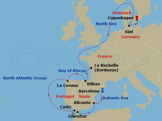 MSC Euribia - 11 Night - Northern Europe - MSC Euribia - Starting in Barcelona, Spain, Alicante, Spain, Gibraltar, Cadiz (Seville), Spain, La Coruna (Santiago De Compostela.. itinerary map