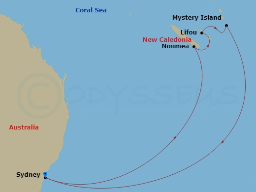 Carnival Adventure - 9 Night - Vanuatu & New Caledonia - Carnival Adventure - Starting in Sydney AU, Noumea, New Caledonia, Lifou, New Caledonia, Mystery Island, Vanuatu, Sydney AU itinerary map